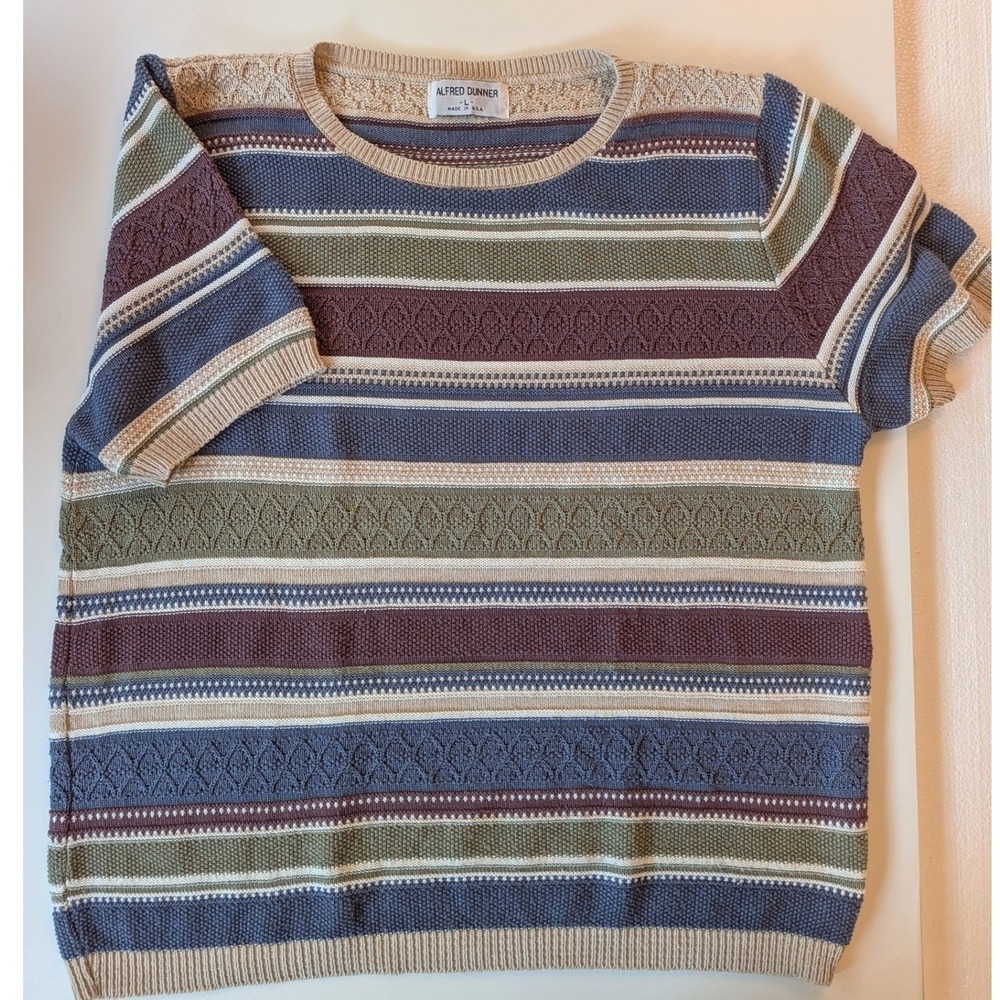 Alfred Dunner VTG Striped Cable Knit Short Sleeve Sweater Large Made in USA - Picture 1 of 7